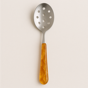 Cuillère fendue à manche en résine ambrée fumée Cuillère à égoutter en acier inoxydable miroir brillant Cuillère à passoire Ustensile de cuisine élégant et résistant à la chaleur - Product Image 1