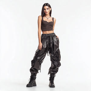 Pantalones de Cuero para Mujer, Ropa de Calle de Gran Tamaño con Cordón EN LA Cintura, Pantalones Holgados de Moda Urbana - Product Image 2