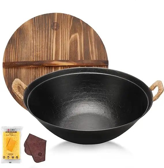 14.2 Inch Double Ji Ferro Fundido Wok Pan Handmade Wok Big Cooking Wok com Alça Dupla E Tampa De Madeira