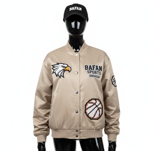 Chaqueta de Satén para Mujer, Tela Beige Lisa, Panel Frontal y Panel de Mangas con Diseño de Logotipo Bordado Personalizado - Product Image 1