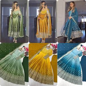 Vestido tradicional sombreado de dos colores verde pastel elegante de diseñador en trabajo de bordado para ocasiones de bodas y fiestas indias pakistaníes - Product Image 6