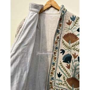 Handmade Reversible Suzani Embroidered <b>Jacket</b> Women's Autumn/Winter Outerwear Cotton Filling Varsity Style <b>Suede</b> Kantha Quilt - Product Image 5
