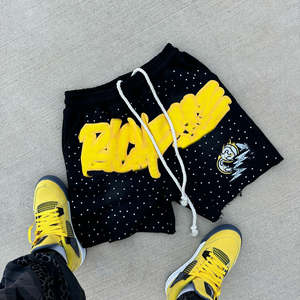 Streetwear brodé à impression bouffante personnalisée Short de survêtement vintage délavé à l'acide avec cordon de serrage en détresse et strass - Product Image 5