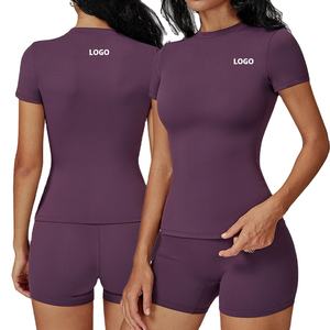 T-shirt de sport pour femme, col rond, super extensible, coupe ajustée, séchage rapide, haut de yoga, vêtements de sport pour la gym et l'entraînement - Product Image 2