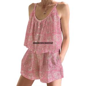 Ensemble de pyjama pour femmes, style bohème hippie, manches bouffantes, shorts, coton indien, printemps/été, floral, ajusté, bretelles fines, sans manches - Product Image 4