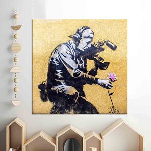 Elegant Banksy Cameraman And Flower Graffiti Canvas Print Artwork,Gallery <b>Wrapped</b> - Product Image 1