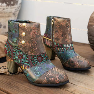 Bottines à talons hauts pour femme, style western, pour l'automne, avec fermeture éclair latérale, antidérapantes, design multi-imprimé - Product Image 1