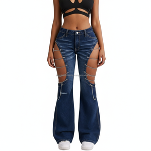 Jeans Acampanados con Aberturas Sexys para Mujer – Pantalones Vaqueros de Cintura Alta y Pierna Ancha con Detalle de Cadena Lateral – Estilo Y2K Streetwear - Product Image 1