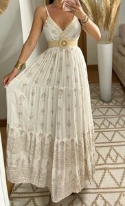 Robe maxi élégante bohème chic, décontractée, manches évasées, col en V, taille naturelle, à volants, longue, écologique, 100% coton, imprimé floral - Product Image 4