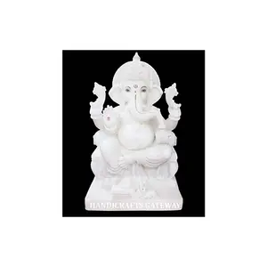 Глянцевая статуя белого мрамора, индуистский Бог Шри Ганеш Джи, красочная статуя сидя с благословением руки для Ганеш Чатурти