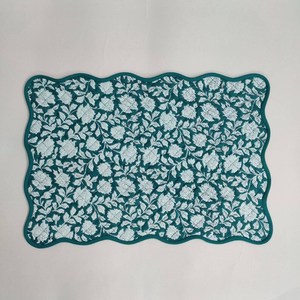 Teal blue floral Four Napkins and Four Cotton Table quilted wave piped <b>Placemats</b> Indian Vintage Handmade Floral Set - Product Image 1