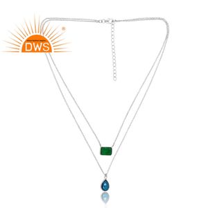 Collier en argent sterling 925 Doublet de quartz émeraude zambienne & Doublet de topaze bleue de Londres pour femme cadeau pour elle - Product Image 1