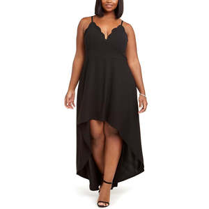 Robe trapèze tendance noire en mousseline pour femme, grande taille, taille empire festonnée, style robe de bal, longueur genou, design simple - Product Image 1