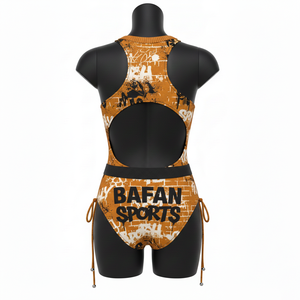 Maillot de bain femme en polyester et élasthanne, marron, noir, blanc, motif graffiti, sublimation, logo personnalisé, style découpé - Product Image 2