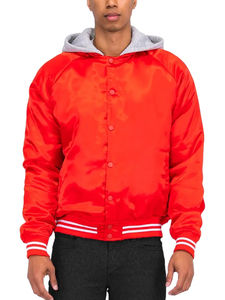 Chaqueta de béisbol de satén de invierno informal para hombre 2025 y capucha de poliéster con decoración de botones personalizados, chaqueta universitaria bordada de tela satinada - Product Image 5