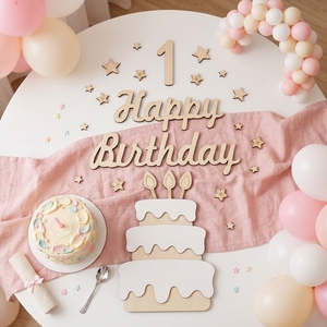 Ensemble d'ornements en bois naturel sur le thème des anniversaires, artisanat fait main, formes <span class=keywords><strong>de</strong></span> gâteau et d'étoile pour séance photo d'anniversaire - Product Image 5
