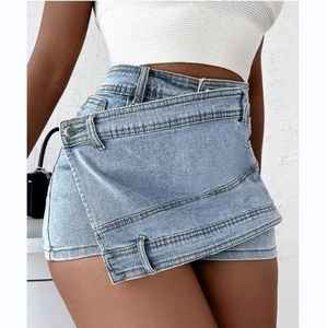 Short en jean taille haute taille croisée pour femmes OEM coupe droite ample respirant en détresse lavé vintage léopard dentelle été - Product Image 5