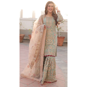 Rekabetçi fiyat <span class=keywords><strong>Net</strong></span> Dupatta kadınlar uzun kollu zarif Pastel renk el çalışma Sharara setleri eşleşen işlemeli gömlek - Product Image 1