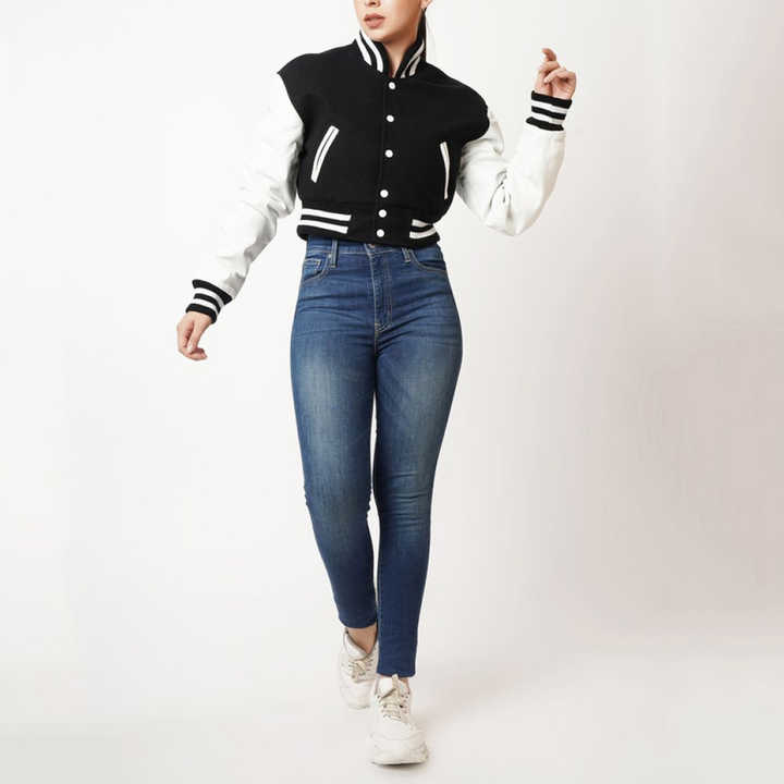 New Street Wear Style Varsity Jacket With Wool Body Crop Size Women's