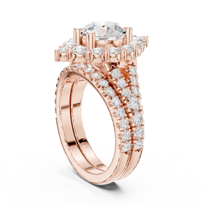Anillo de Compromiso con Diamante Moissanita de Corte Redondo y Piedras de Acento en Forma de Rombo, Bañado en Oro Rosa sobre Plata, Conjunto de Anillos de Novia - Product Image 3