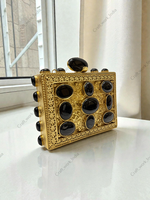 Pochette de soirée de luxe pour femme en onyx noir, incrustation de pierres naturelles polies, cadre doré, chaînes décoratives, style décontracté et tendance