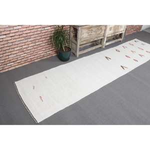 Alfombra Turca de Lana, 2.6x11.3 pies, Blanca con Rayas Rojas - Product Image 1