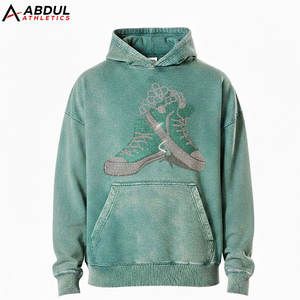 เสื้อฮู้ดผู้ชายสไตล์สตรีทแวร์ ลวดลายย้อมสีแบบ Acid Wash ประดับคริสตัล พร้อมดีไซน์ฟอกสีแบบวินเทจ - Product Image 1