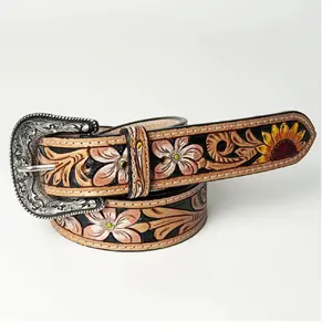 custom made in steel engraved buckle & floral designed hand tooled leather belts for cowboys and western leather gear suppliers