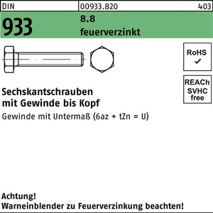 Perno Hexagonal DIN 933 VG M 12 X 16 8.8, Galvanizado en Caliente, Paquete de 100 Piezas - Product Image 1