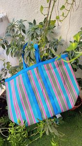 Eco-Friendly Woven PP Striped Shopping Bags Sustainable Recycled Nylon Polypropylene <b>Plastic</b> Handloom Made India-Bulk Recycled - Product Image 2