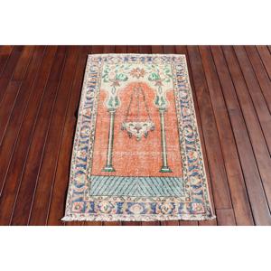 Alfombra Turca Vintage, Pequeña de 2.4x3.8 pies (73x115 cm), Alfombra de Lana con Diseño de Plantas y Árboles Naranjas - Product Image 1