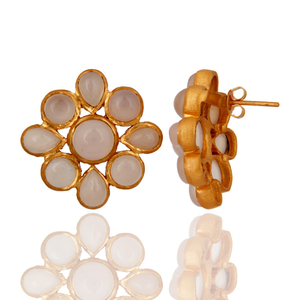 Pendientes de Calcedonia Multicolor con Diseño de Flor en Latón Chapado en Oro Amarillo, Fabricante de Joyería - Product Image 3