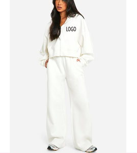 Wholesale Crop Heavyweight Boxy Zip up Hood jogging Set Cotton Canvas Comfortable Clothe Woolen Warmth Female Outdoor Sweatsuit - Product Image 1