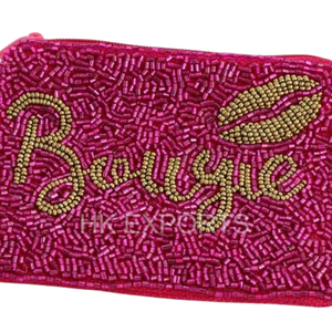 Handmade Bridal Pink with gold letters and Lips on <b>top</b> Beaded Coin Purse Bride Mini Zipper Pouch - Product Image 1