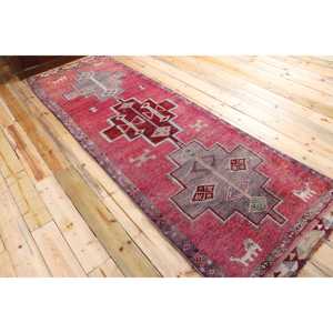 พรมตุรกีวินเทจ ขนาด 3.2x9.7 ฟุต (98x297 ซม.) ลายตารางสีแดงเทา Herki - Product Image 4