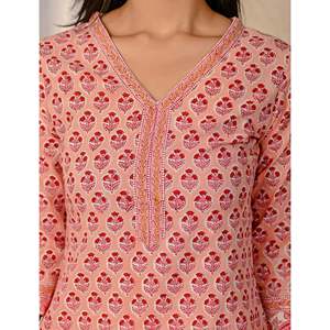 Peach Butta <b>Block</b> <b>Printed</b> Cotton Kurta Pant Set Indian Pakistani Style Ethnic Net Fabric for Party Wear Special Occasions - Product Image 2