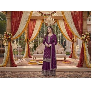 Traje Palazzo Sayori Chinnon de Primera Calidad con Kurta Étnica Bordada y Trabajo de Lentejuelas para Mujer, para Bodas y Eventos - Product Image 1