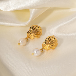 Pendientes de Acero Inoxidable Chapados en Oro de 18K, Estilo <span class=keywords><strong>Playa</strong></span>, Resistentes al Agua, con Perlas de Agua Dulce y Diseño de Concha, para Mujer - Product Image 5
