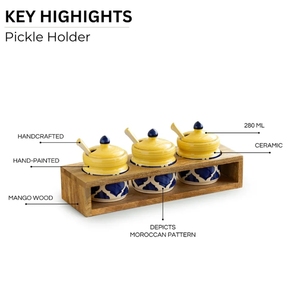 <b>Moroccan</b> Hand-Painted Ceramic Pickle & Chutney Jar Set With Spoons & Wooden Holder Non Air-Tight Set Of 3 Ceramic Condiment Pot - Product Image 5