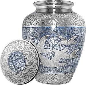 โกศโบราณสีเงินและสีน้ำเงินขนาดใหญ่สำหรับใส่เถ้ากระดูกผู้ใหญ่หรือสัตว์เลี้ยง โกศโลหะดีไซน์ทันสมัยสำหรับเก็บอัฐิ โกศสำหรับผู้ใหญ่ - Product Image 1