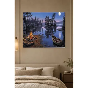 Impresión en lienzo de Fida Campfire by the Lake Under a Full Moon - Product Image 5