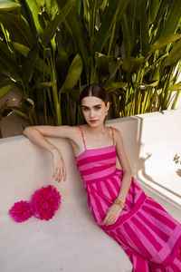 Vestido Midi de Algodón Orgánico Rosa con Estampado a Mano, Ropa Bohemia para Vacaciones para Mujer - Product Image 3