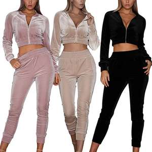 Top Selling Women's Solid Velvet Two-Piece Crop <b>Zip</b> Hoodie & High Waist Pants Track Suit Set Quick Dry Breathable - Product Image 4