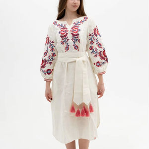 Vintage alto Formal Midi vestido de encaje Casual malla bordada largo 100% algodón cintura Natural tejido Método de tejido - Product Image 1