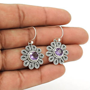 Joyería de piedra natal de febrero, Pendientes colgantes con forma de flor de piedra preciosa de amatista púrpura Natural de Plata de Ley 925 para mujeres y niñas - Product Image 4