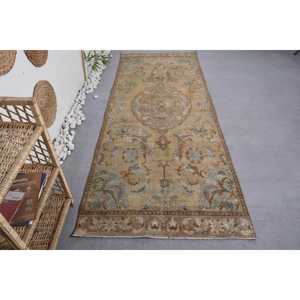 พรมตุรกีขนาด 3.7x9.7 ฟุต, พรมวินเทจแบบ Runner, พรมขอบสีน้ำตาลเบจ - Product Image 1