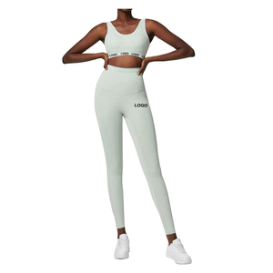 Ventes chaudes 2025, ensembles de yoga pour femmes, taille haute, logo sur le devant, ensemble de leggings de sport deux pièces, spandex/nylon - Product Image 2