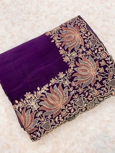 สีม่วงผ้าไหมนุ่มสารีทอง Zari เย็บปักถักร้อยและเลื่อมทํางาน,Designer งานแต่งงานสวมใส่สารี,พรรคสวมใส่สารี - Product Image 5