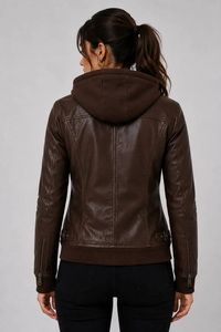 Blouson Bomber de Luxe pour Femme en Cuir Espresso avec Capuche en Polaire, Coupe Sculptée, Fermeture Éclair Intégrale, Poignets et Ourlet Côtelés, Poches Latérales, Style Streetwear - Product Image 5