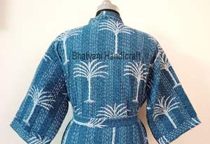 Blue Indigo Kantha <b>Jacket</b> for Women Long Cotton Quilted Indian Robe with Floral Pattern Winter Beach Wear <b>Kimono</b> - Product Image 3